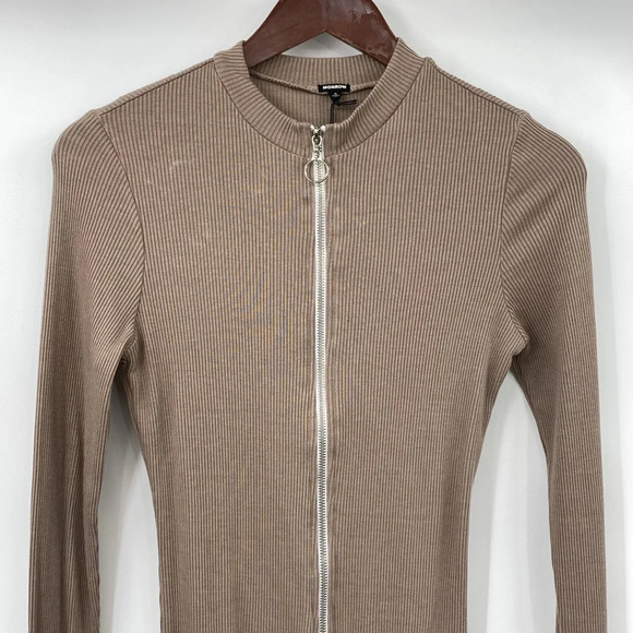 Monrow Rib Zip up Dress Womens Sz Small Tan Tencel Long Sleeves Bodycon Mini Zip - Picture 3 of 12